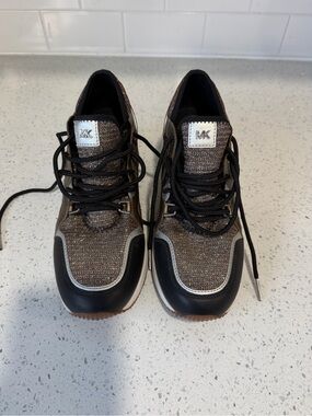 Michael Kors Bronze Metallic Knit & Black Leather Sneakers